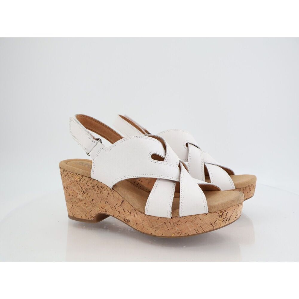 Clarks Giselle Beach Strappy Cork Wedge Heel Platform Sandals White Size 11M